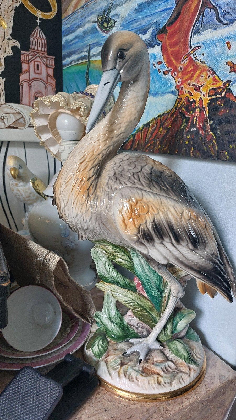 Grote porseleinen reiger beeld - B.C. Ontaloni 45cm, Ophalen of Verzenden