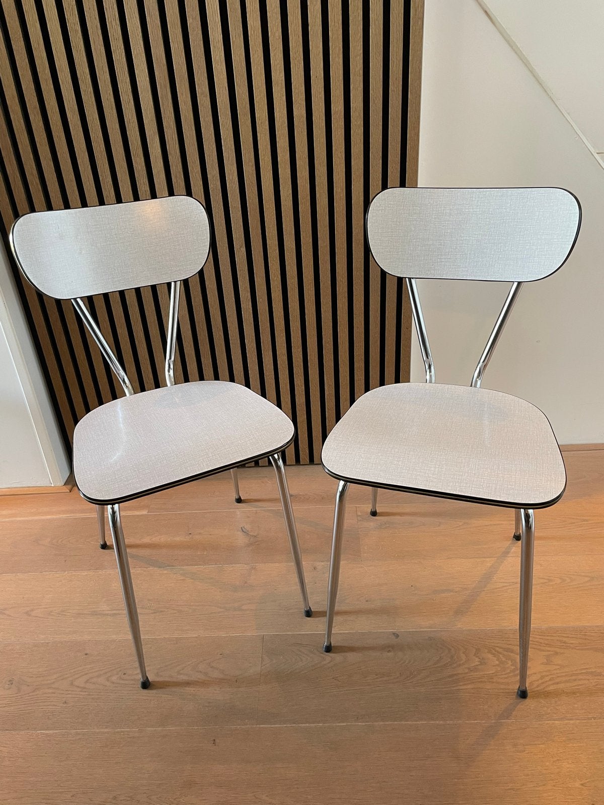 Vintage stoel - formica, Grijs met chroom, Ophalen, Gebruikt, Twee, Metaal