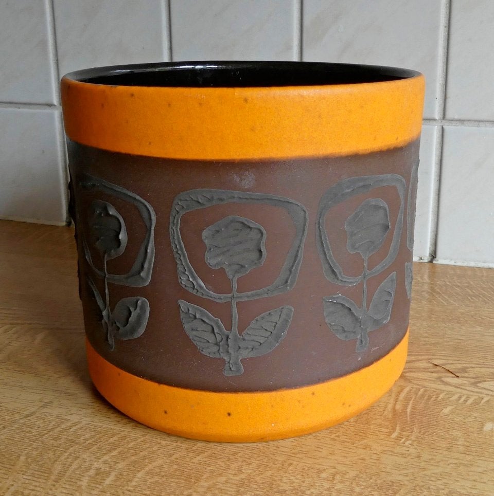 Vintage bloempot oranje reliëfdecor bloemen, Gebruikt, Rond, Binnen, Ophalen of Verzenden