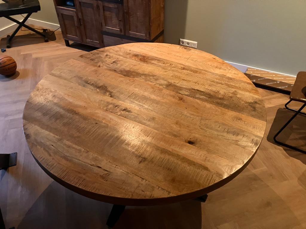 Ronde mangohouten eettafel met spinpoot, Huis en Inrichting, Tafels | Eettafels, Ophalen, Gebruikt, 100 tot 150 cm, Rond