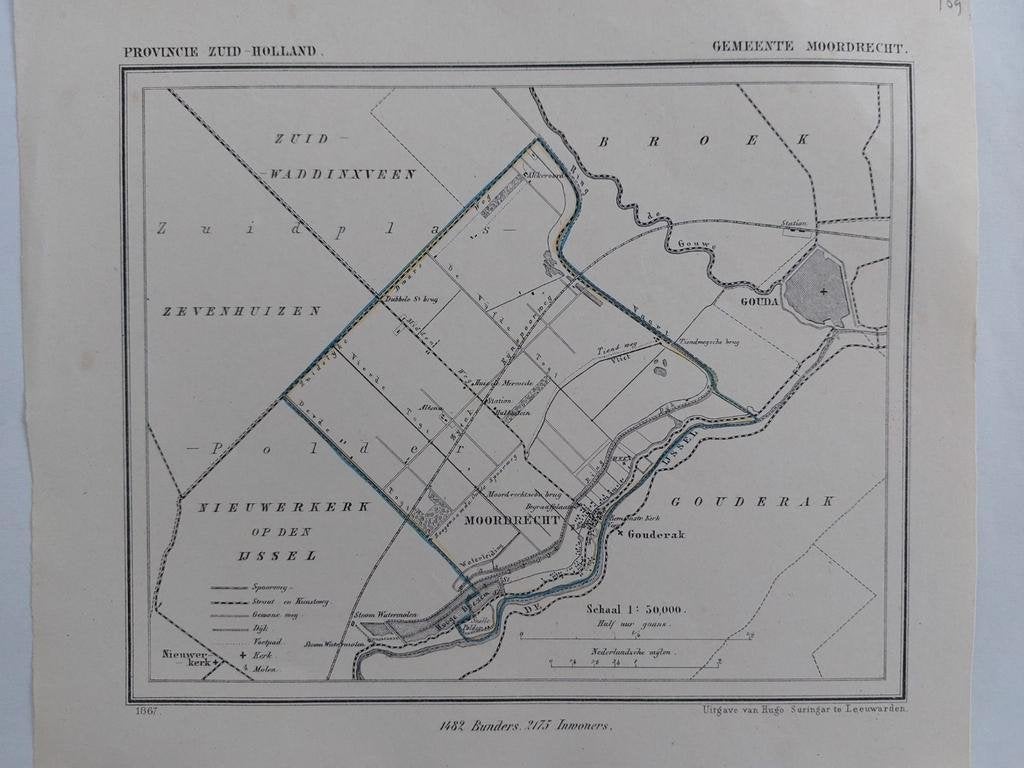 109 / Moordrecht Gouda Gouderak Litho uit 1867 van J. Kuyper, Antiek en Kunst, Ophalen of Verzenden