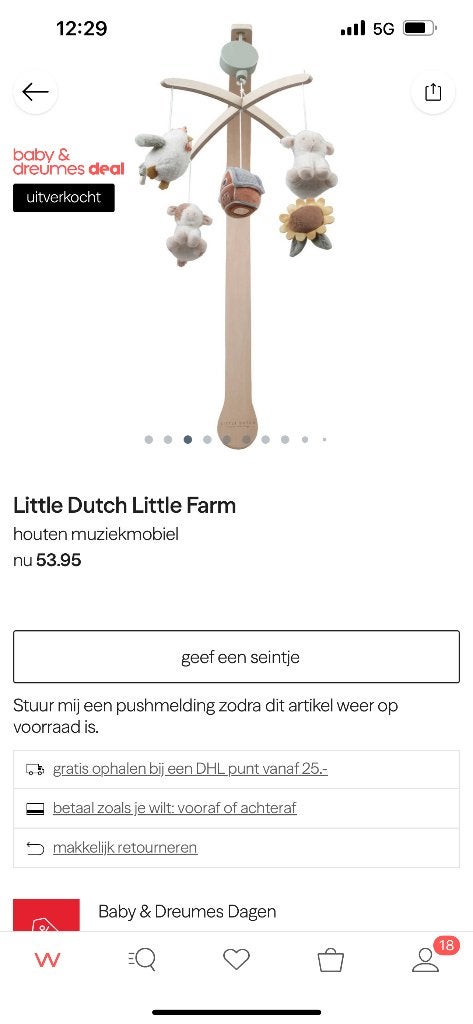 Little dutch Little farm houten muziekmobiel, Kinderen en Baby's, Ophalen, Zo goed als nieuw, Mobiel, Met geluid