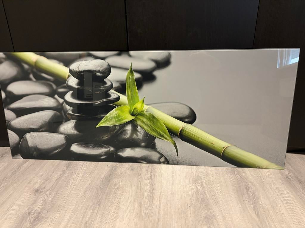 Glazen wanddecoratie bamboe en stenen 125x50 cm, Ophalen, Achter glas, Meerkleurig, Zo goed als nieuw