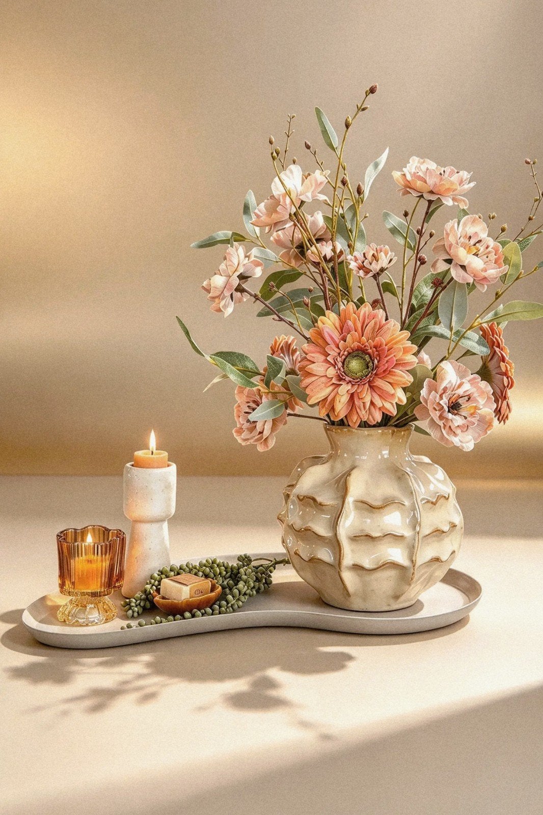 Herfst tafelset - zijdeboeket - dienblad - accessoires, Beige, 60 cm, Nieuw, Inclusief kunstbloemen