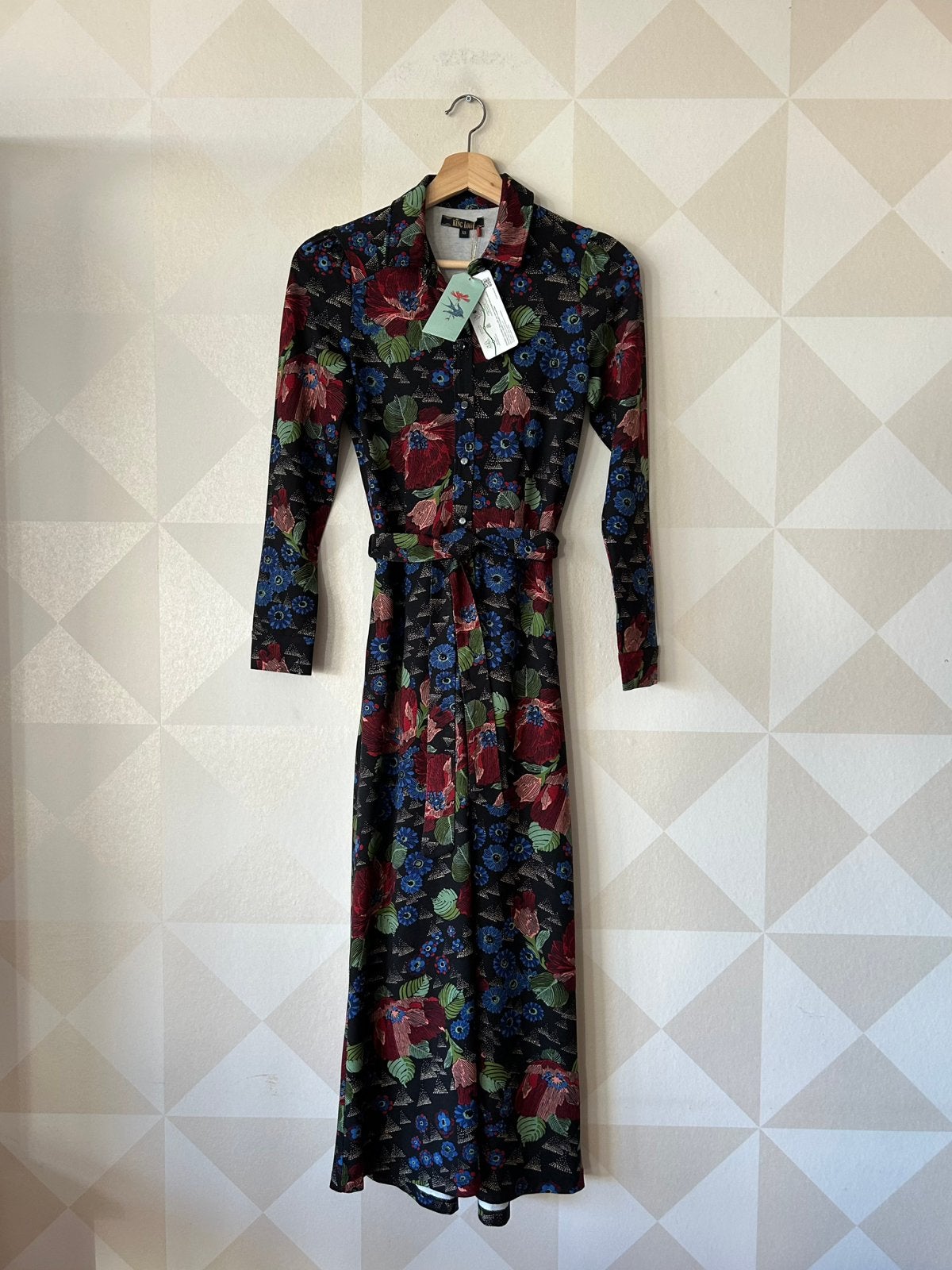 King Louie Olive Dress midi jurk zwart bloemen XS/34 NIEUW, Zwart, Nieuw, Ophalen of Verzenden, King Louie