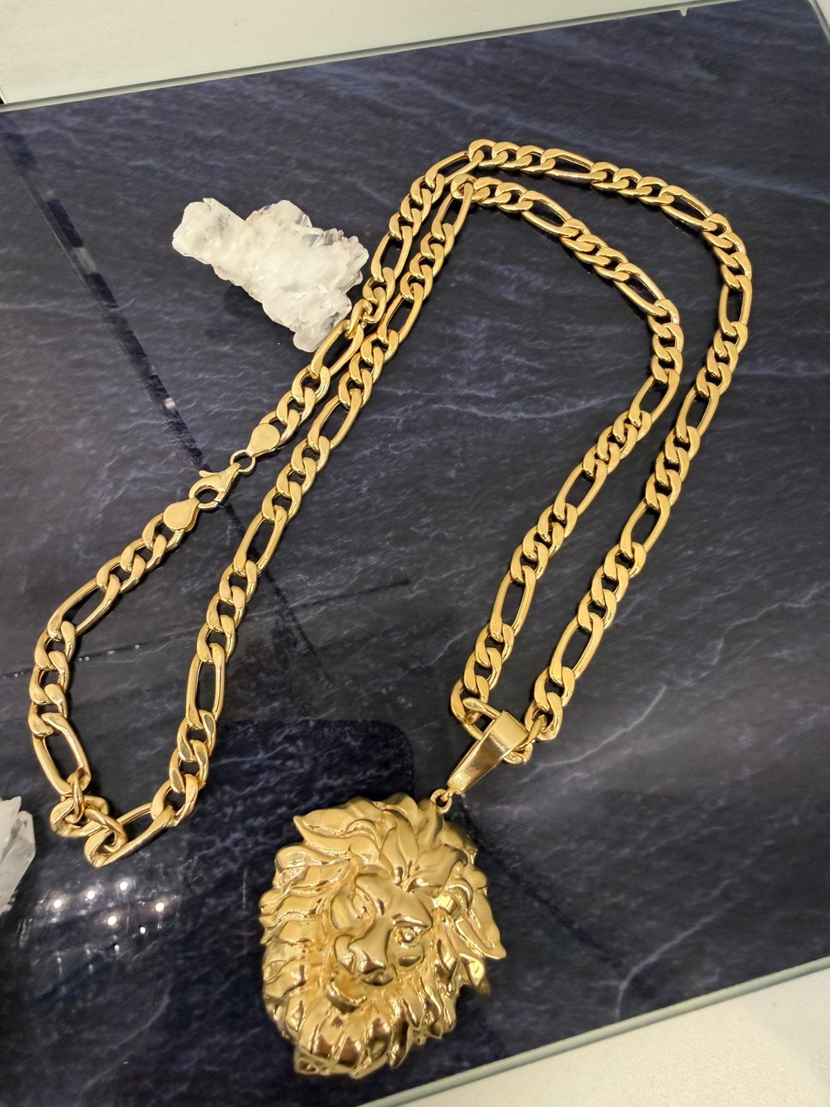 Prachtige 14 karaats gouden figaro ketting met leeuw hanger, Ophalen of Verzenden, Nieuw, Goud