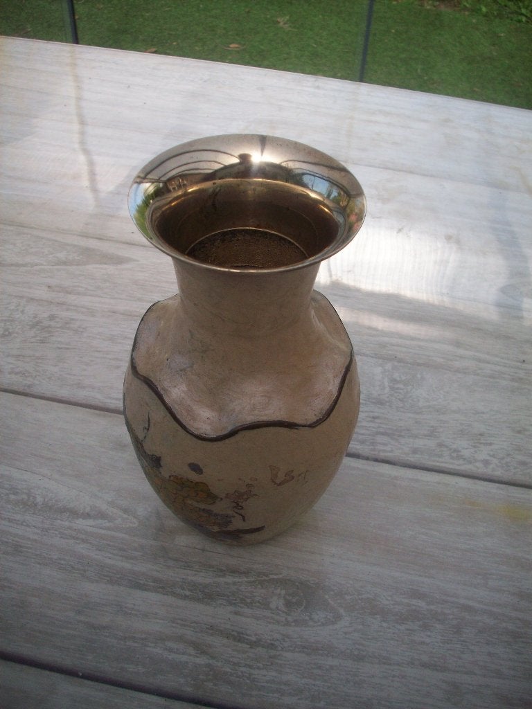 antieque geel koper emaile zeer mooie gebakken grote vaas, Ophalen of Verzenden, Koper