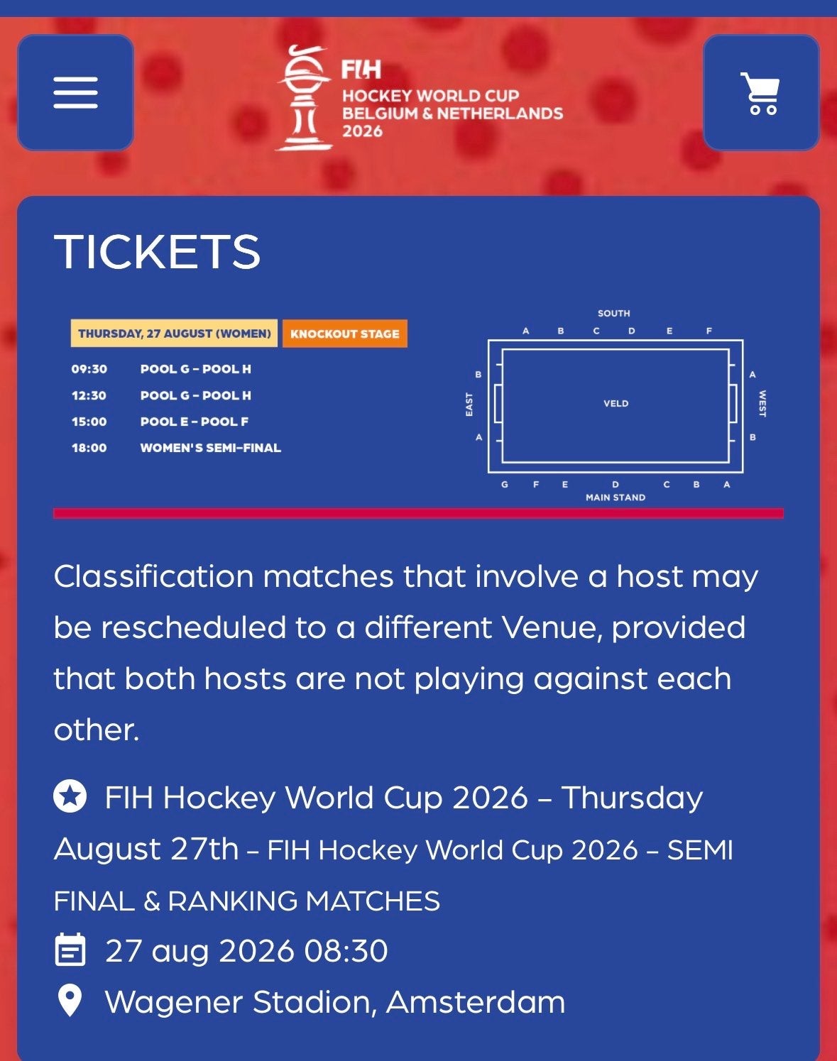 GEZOCHT: 2 kaartjes wk hockey - donderdag 27 aug, Ophalen of Verzenden