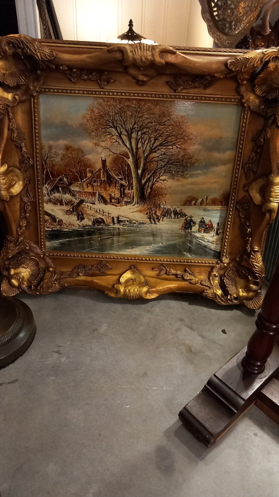 Schilderij Winterlandschap met Schaatsers - Gesigneerd, Ophalen, Doek, Gedateerd, Landschap