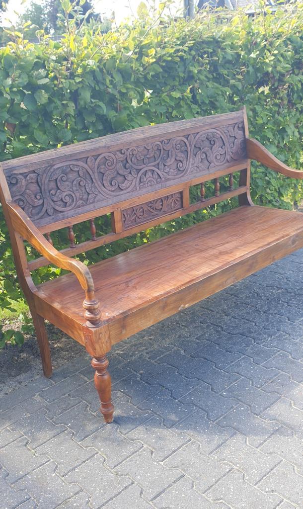 Teakhouten bank, br 150 cm, houtsnijwerk, Tuin en Terras, Tuinbanken, Teakhout, Ophalen