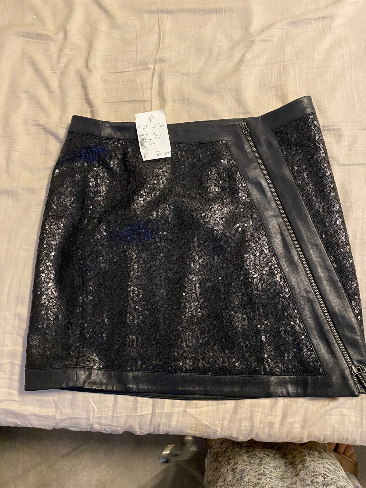 Eva Kayan France merk mini rokje zwart glitter met leer, Zwart, Nieuw, Boven de knie, Ophalen