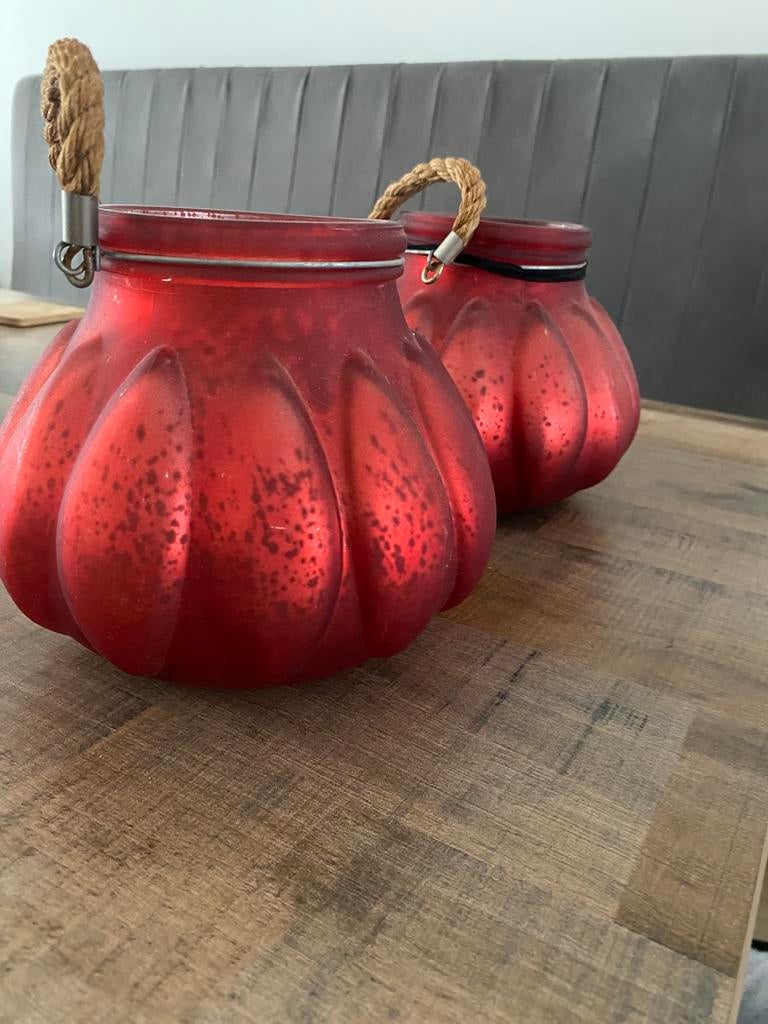 2 rode potten voor planten of kaarsen, Huis en Inrichting, Woonaccessoires | Vazen, Gebruikt, Ophalen of Verzenden, Glas, Minder dan 50 cm