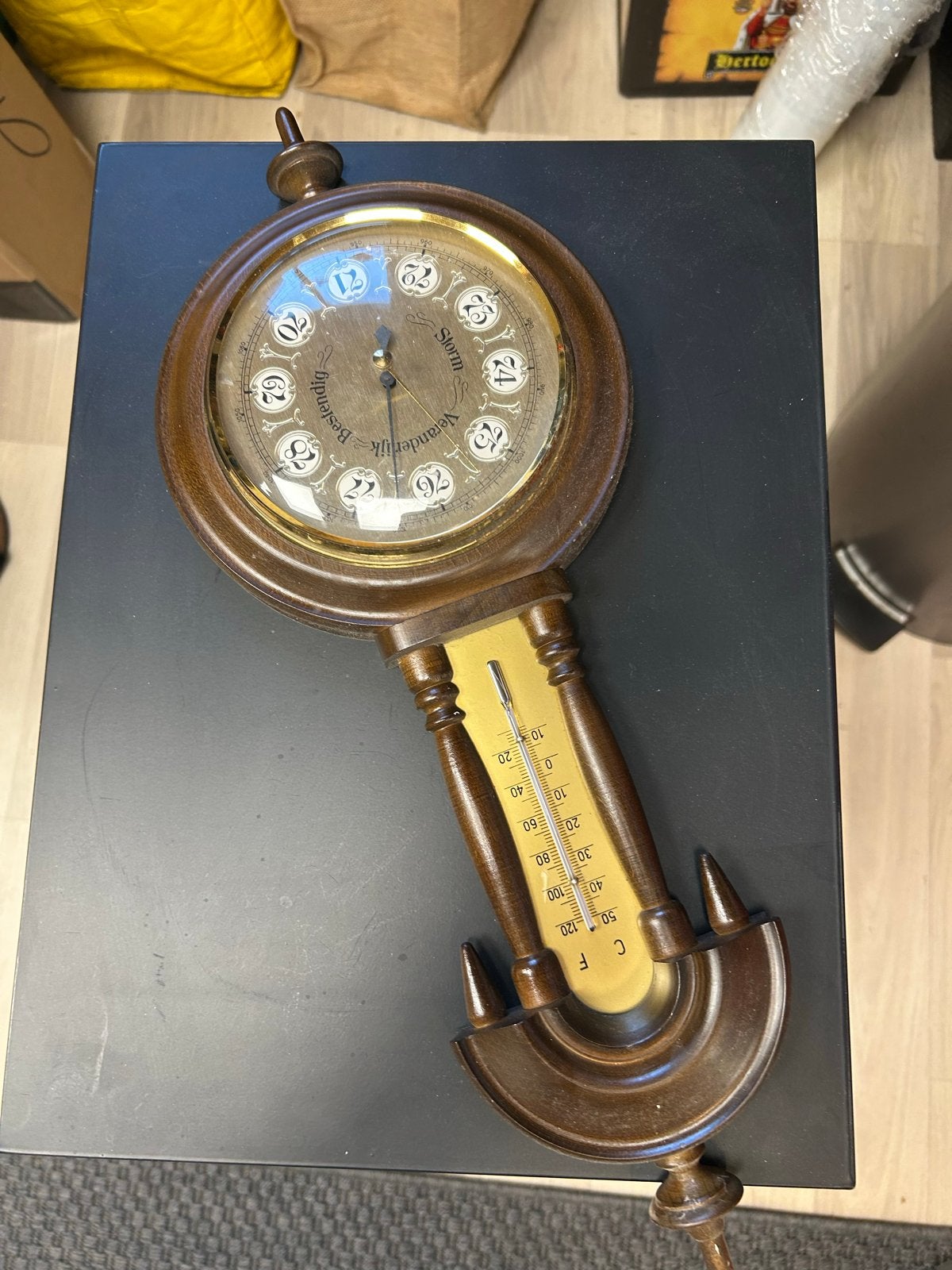 Vintage Barometer en Thermometer - Houten Weerstation, Audio, Tv en Foto, Weerstations en Barometers, Ophalen of Verzenden, Gebruikt