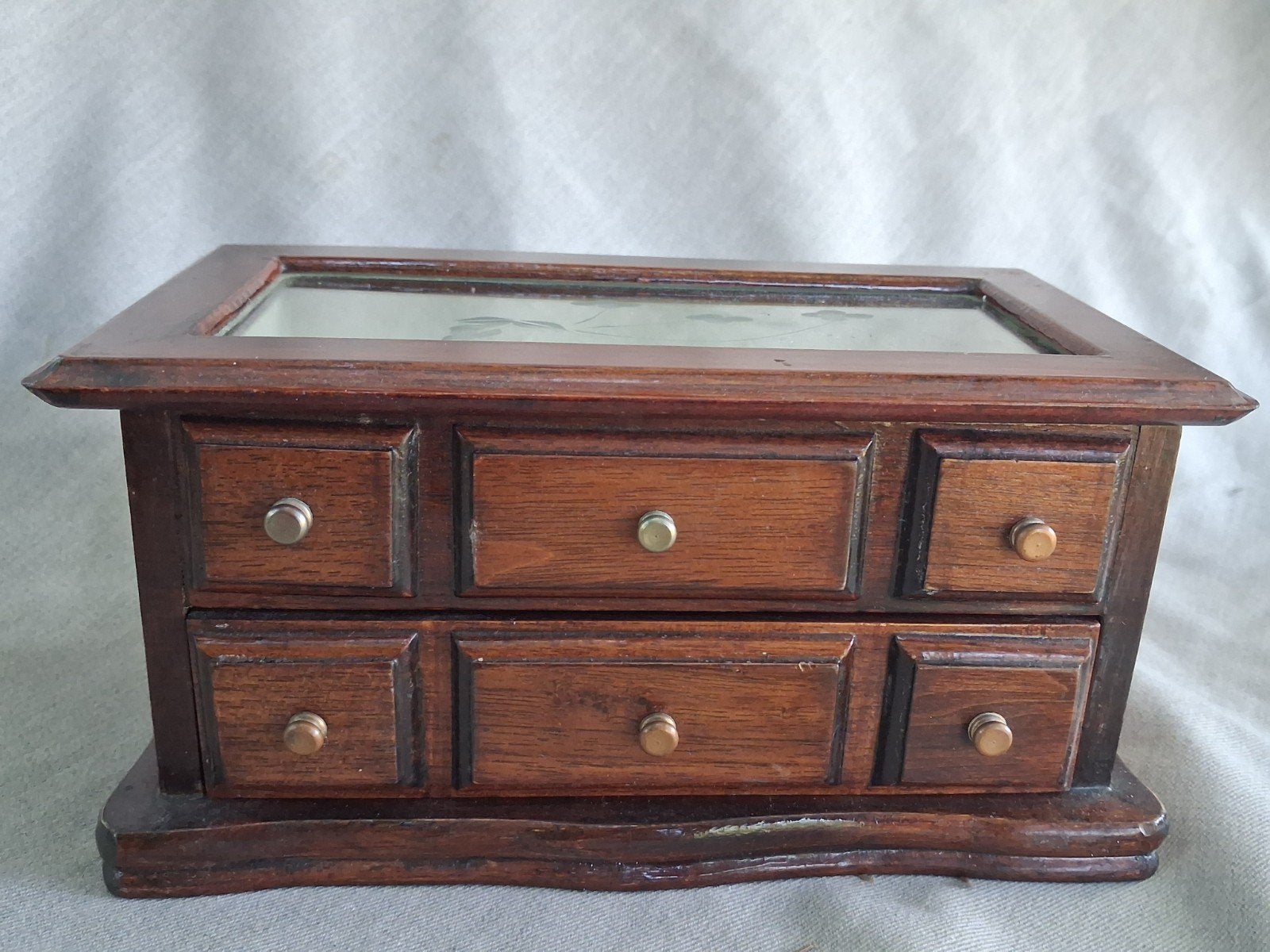Vintage sieradenkastje met glazen klep en 1 lade, Antiek en Kunst, Curiosa en Brocante, Ophalen of Verzenden