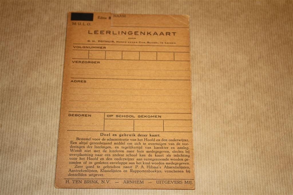 Leerlingenkaart MULO - Circa 1930, Ophalen of Verzenden, Gelezen