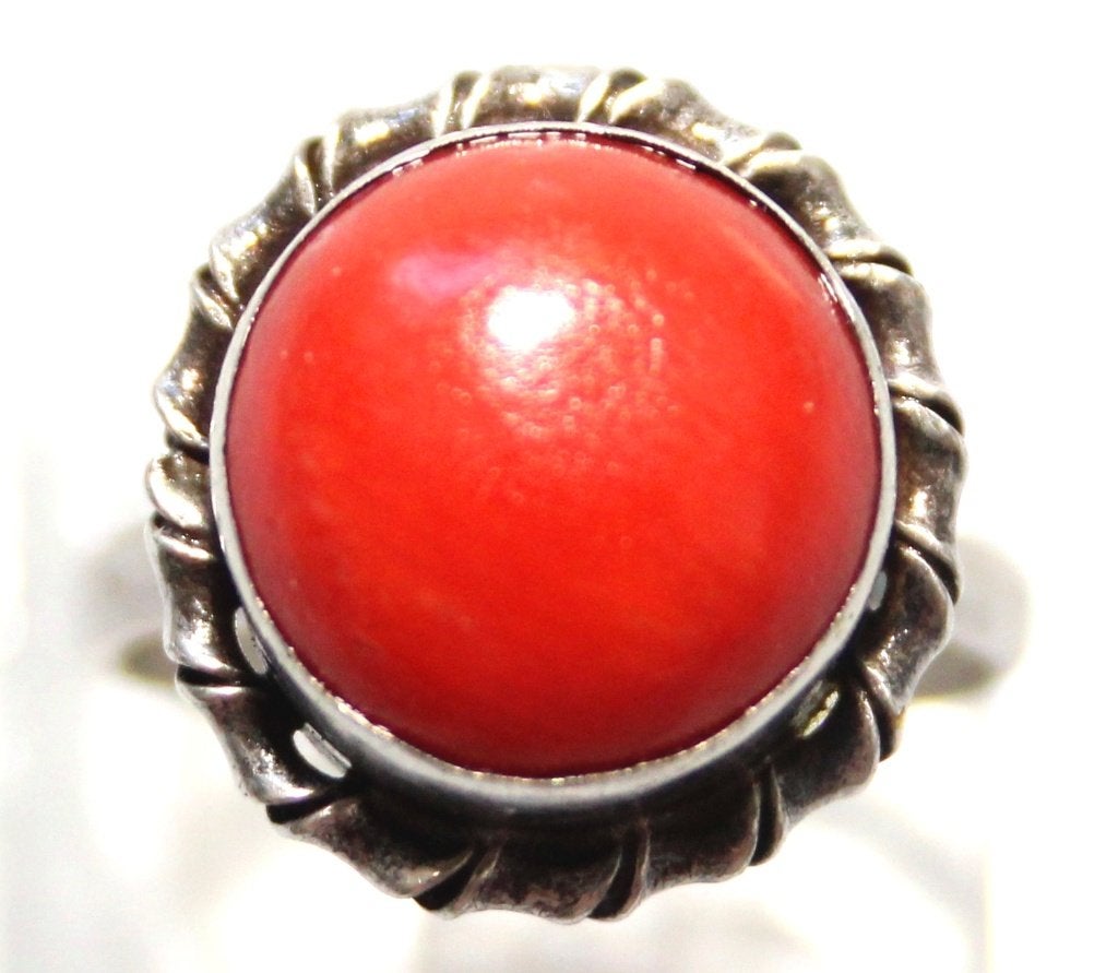 Schitterende Zilveren Cabochon Bloedkoraal Ring, Sieraden, Tassen en Uiterlijk, Antieke sieraden, Ophalen of Verzenden, Zilver