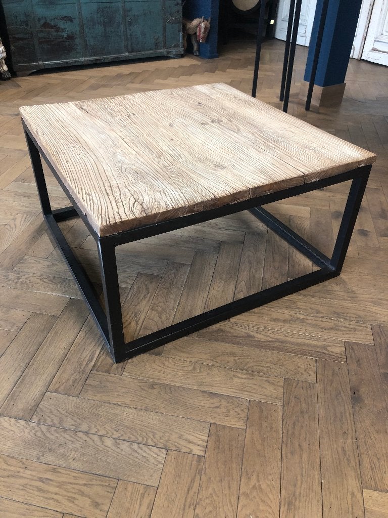 Salontafel van oud hout en metaal staal, 50 tot 100 cm, Vierkant, Zo goed als nieuw, Metaal