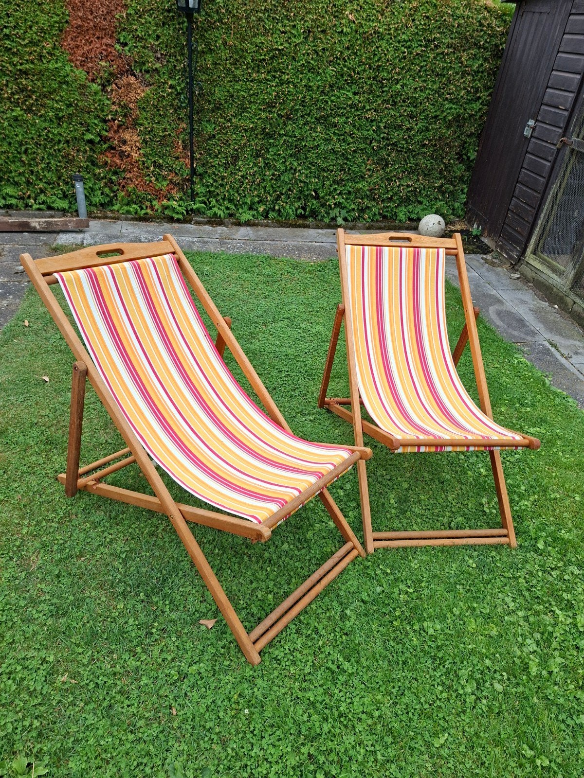 2x Houten strandstoelen met gestreepte stof, Tuin en Terras, Ophalen, Gebruikt, Hout, Inklapbaar