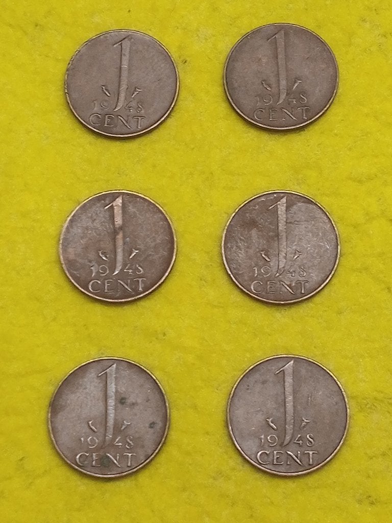 6 stuks 1cent muntjes 1948 Gewoon bieden!, Ophalen of Verzenden, Koningin Wilhelmina, 1 cent, Losse munt