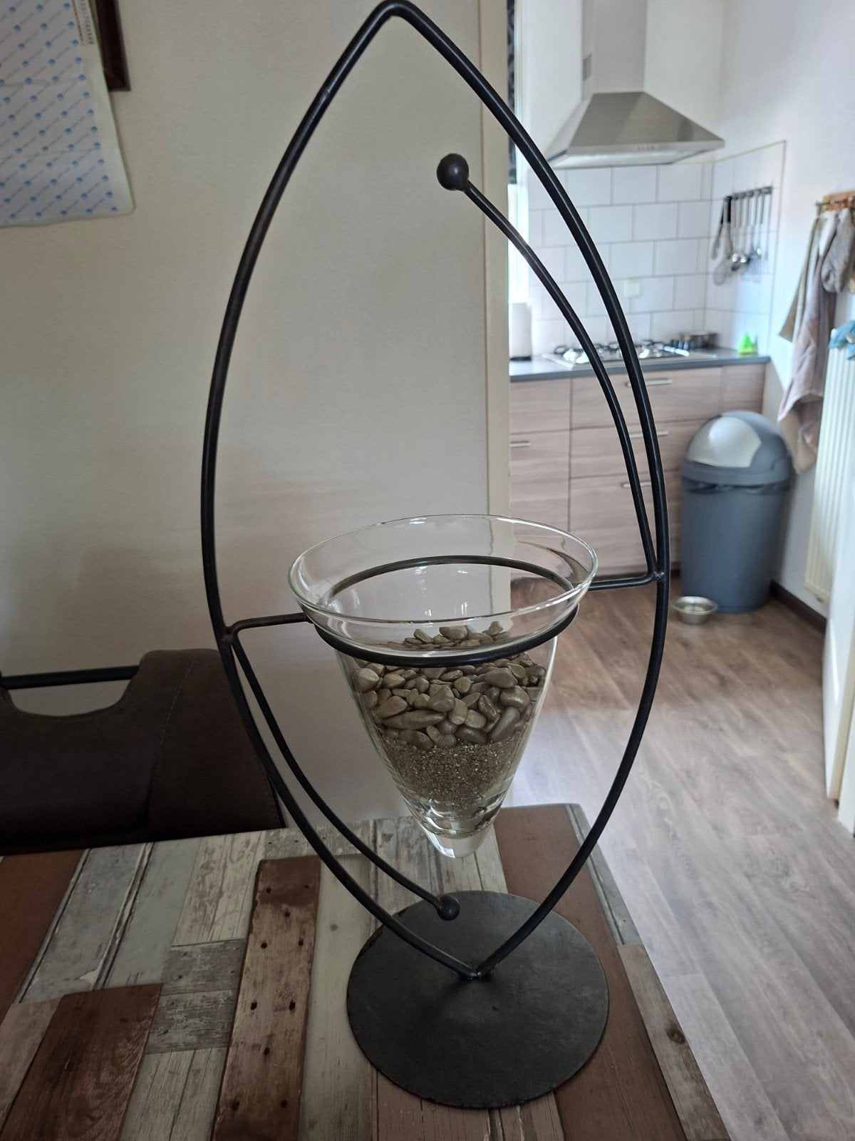 Prachtige windlicht standaard met glazen houder, Huis en Inrichting, Windlicht, Gebruikt, Zwart, Ophalen of Verzenden