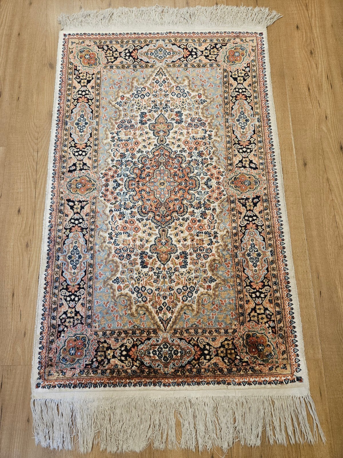vintage handgeknoopt oosters tapijt kashmir zijde 123x77, Tweedehands, 100 tot 150 cm, Perzisch, Rechthoekig