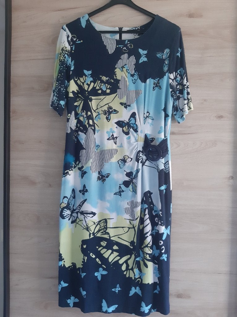 Frank Walder Jurk met Vlinderprint. Maat 42, Kleding | Dames, Blauw, Maat 42/44 (L), Ophalen of Verzenden, Knielengte