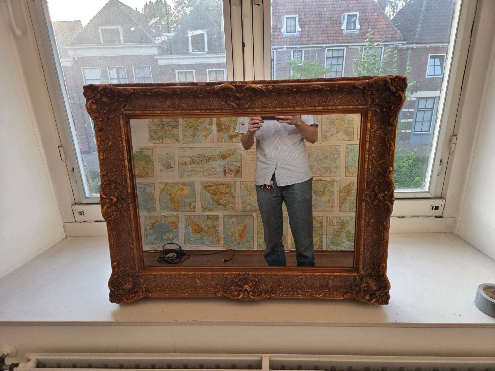 Spiegel met sierlijke antieke lijst, Antiek en Kunst, Ophalen, Rechthoekig