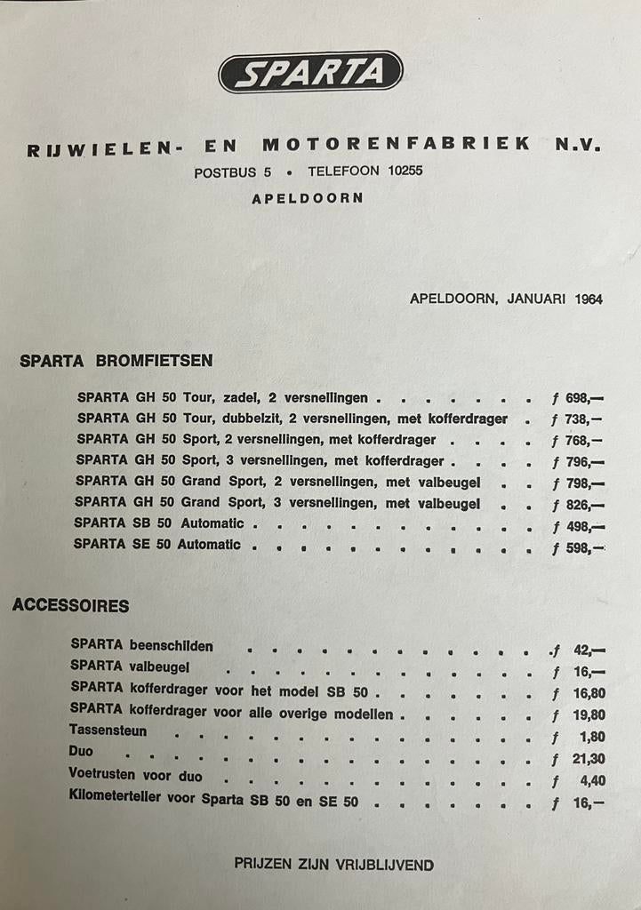 Oude prijslijst voor SPARTA Bromfietsen uit 1964, Ophalen of Verzenden, Zo goed als nieuw, Overige typen