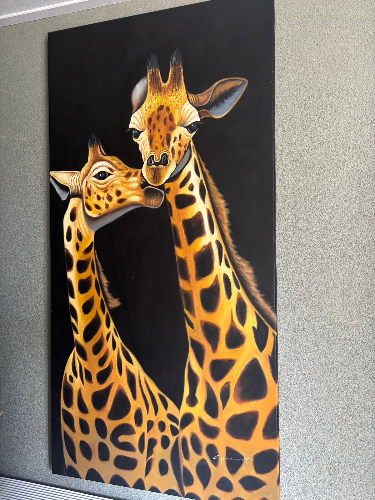 Schilderij: Twee Giraffen op Zwarte Achtergrond, Acrylverf, Ophalen of Verzenden, Dieren, Gesigneerd