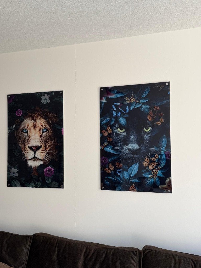 Panter en Leeuw glasschilderij, Ophalen, Zo goed als nieuw, Schilderij, 75 – 100
