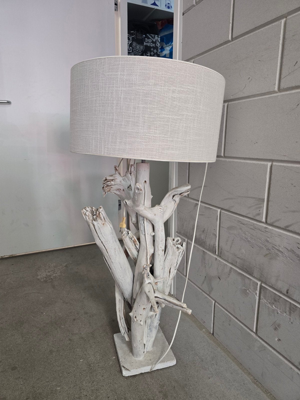 Unieke drijfhout vloerlamp met linnen kap, Huis en Inrichting, Lampen | Vloerlampen, Gebruikt, 100 tot 150 cm, Ophalen of Verzenden