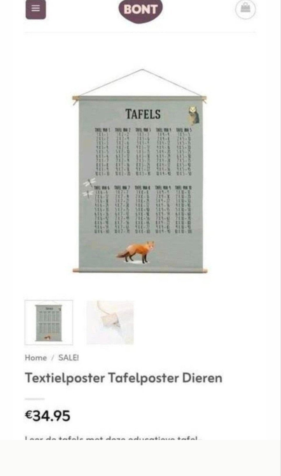 Textielposter tafelposter dieren tafels bont wandde, Kinderen en Baby's, Ophalen of Verzenden