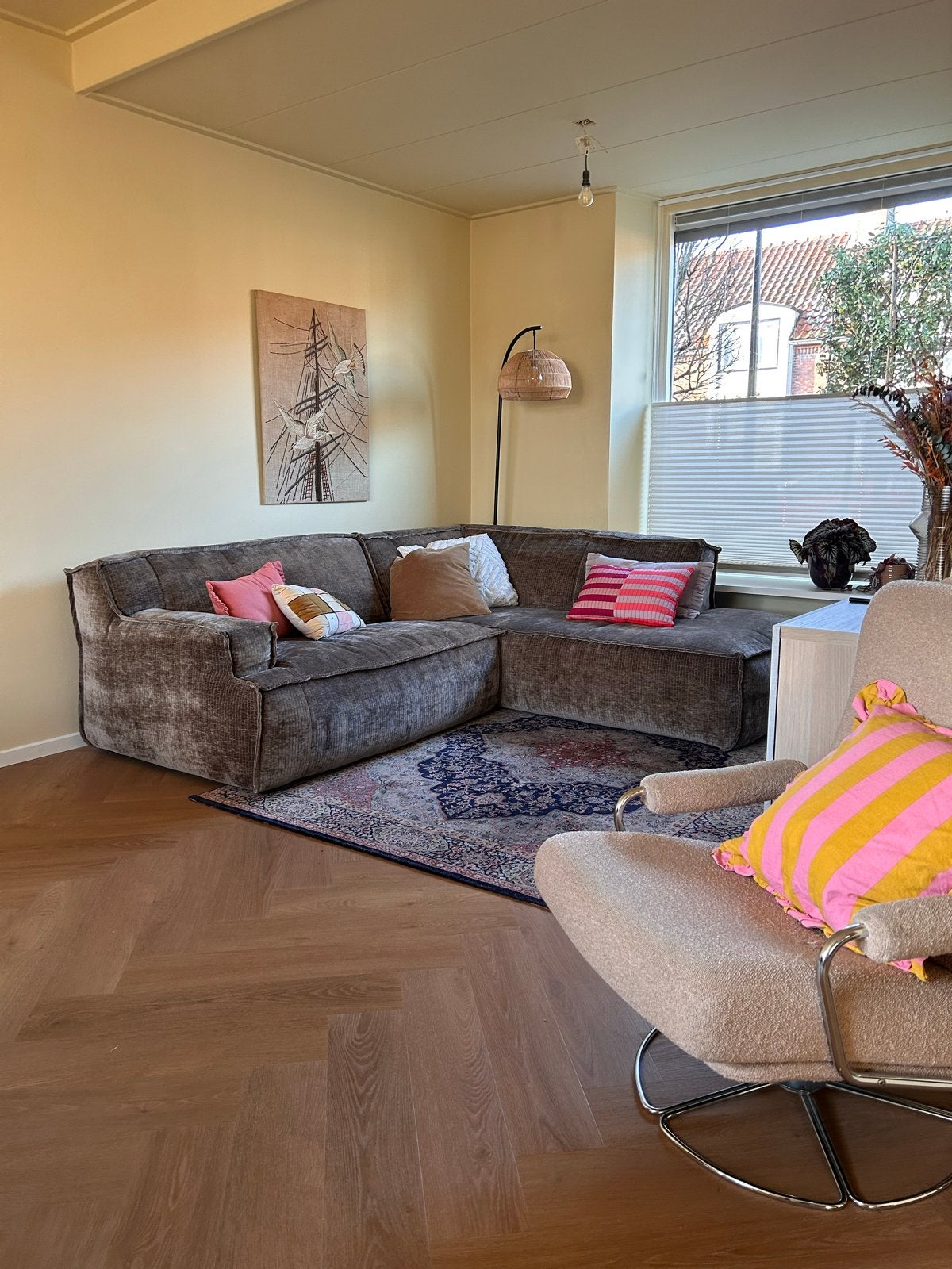 Comfortabele Hoekbank - Groenbruine Ribstof, Huis en Inrichting, Banken | Bankstellen, Ophalen, 250 tot 300 cm, Gebruikt, 100 tot 125 cm