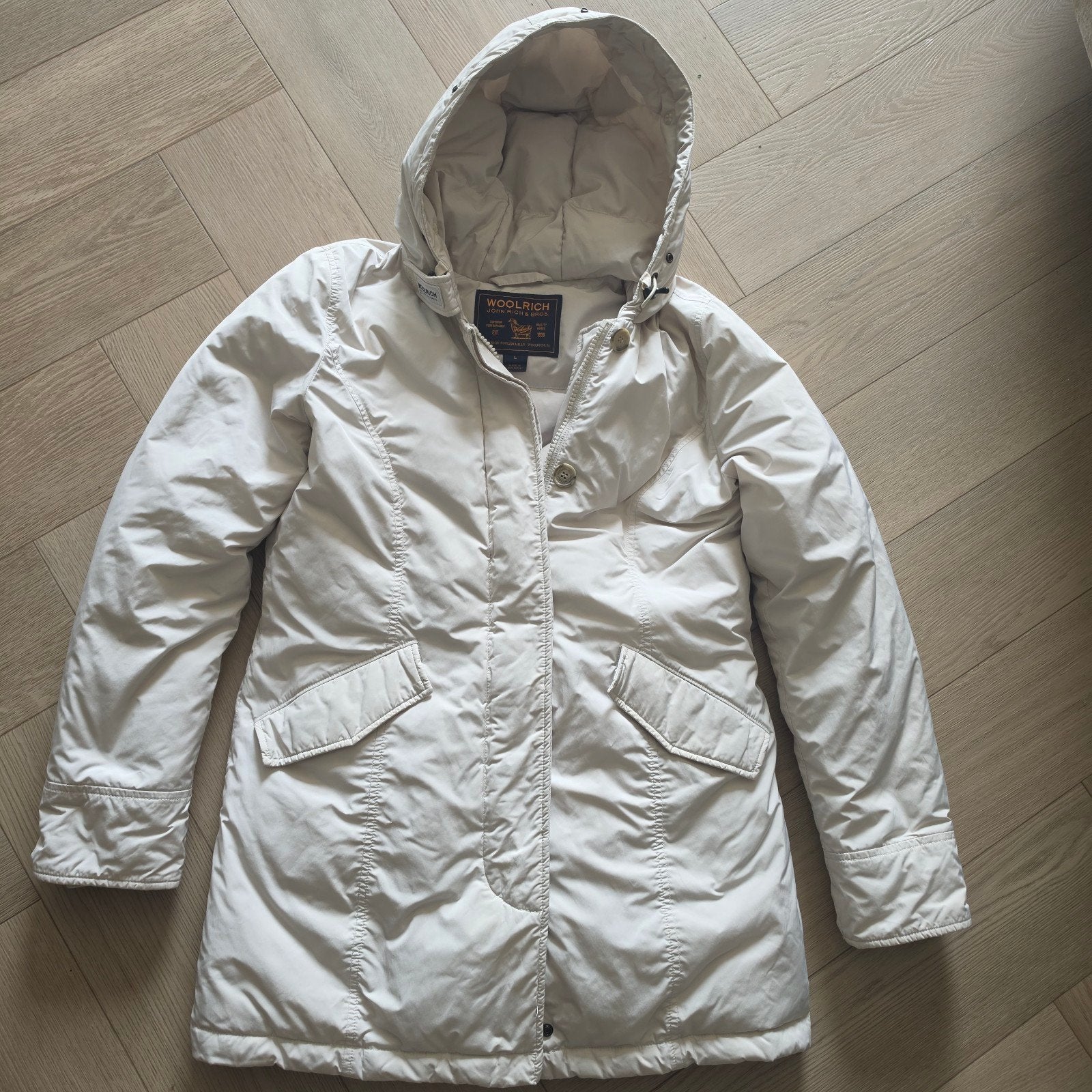 Woolrich Parka voor dames - Maat L -  wit Beige, Beige, Maat 42/44 (L), Ophalen of Verzenden, Zo goed als nieuw