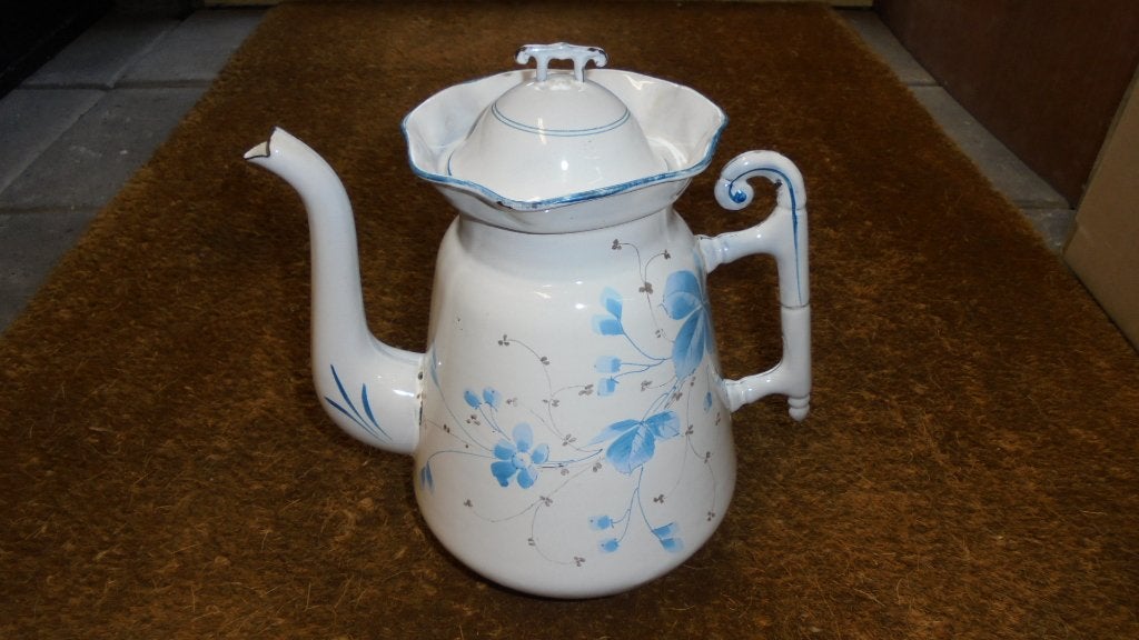 wit/blauw emaille koffiekan met schaatshandvat H26, Ophalen of Verzenden