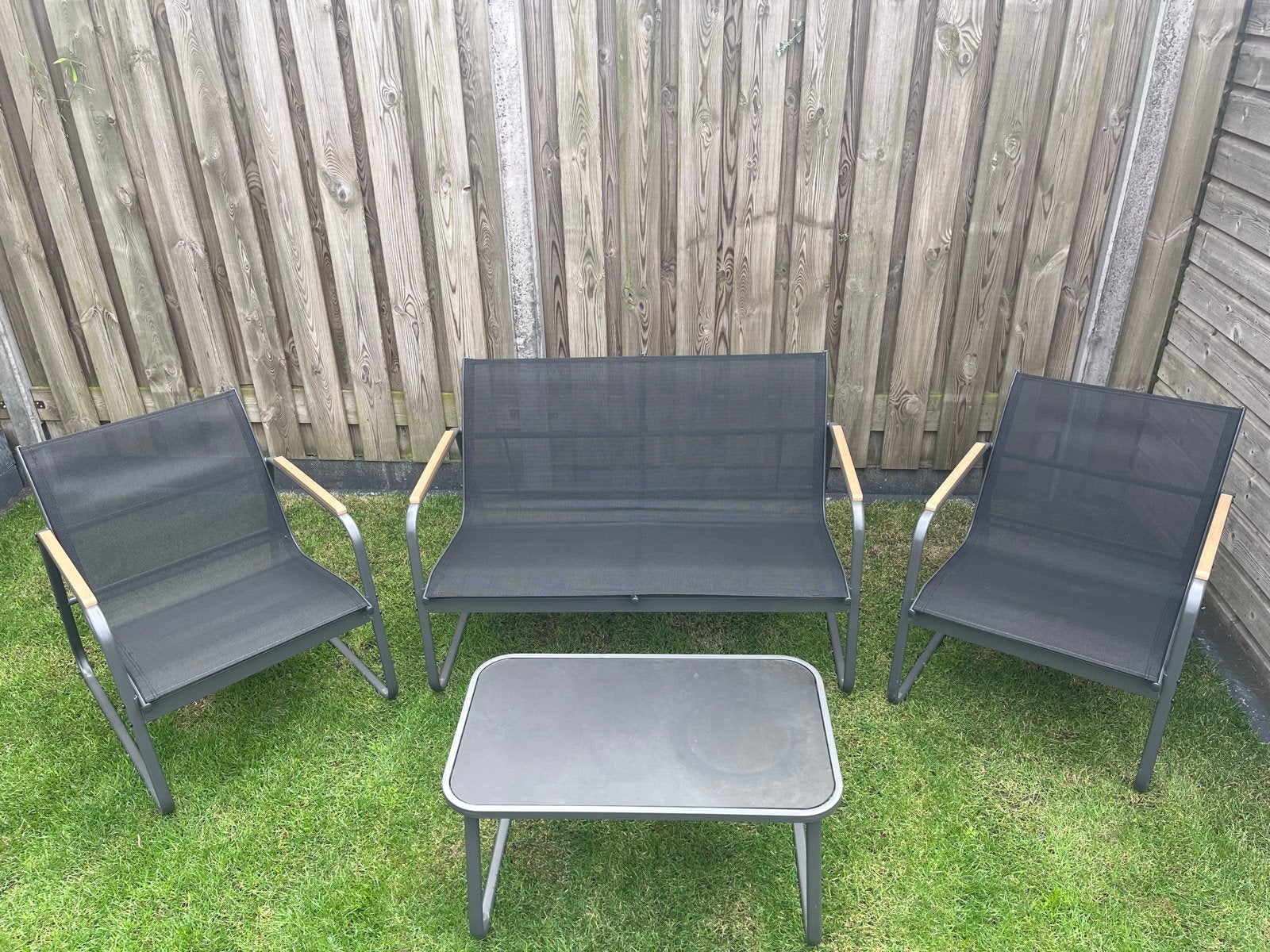 Loungeset met 2 stoelen, bank en bijzettafel, Ophalen, 4 zitplaatsen, Gebruikt, Aluminium