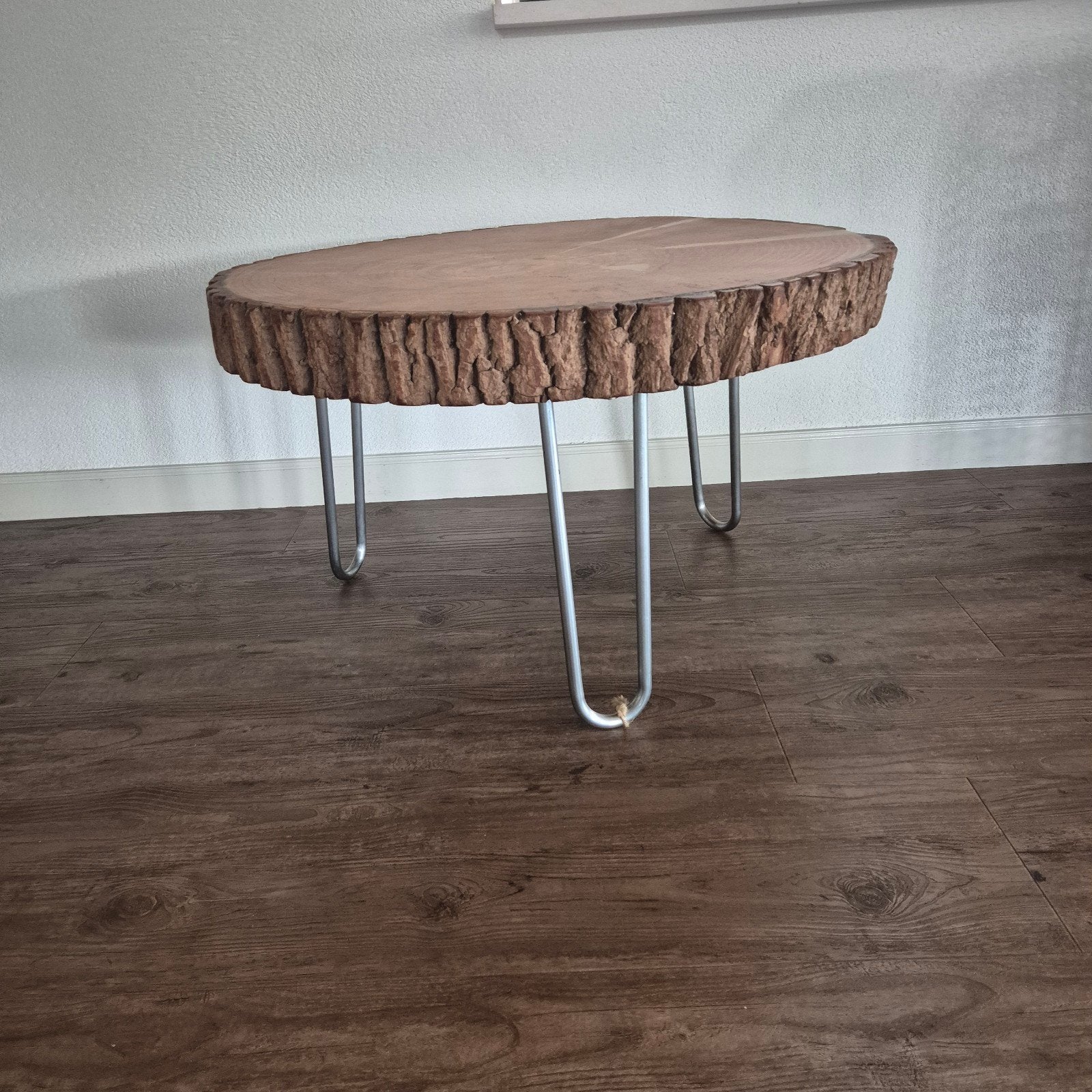 Unieke salontafel van boomstam met metalen poten, Rustiek, Industrieel, Natuurlijk, Gebruikt, 50 tot 100 cm, 50 tot 100 cm