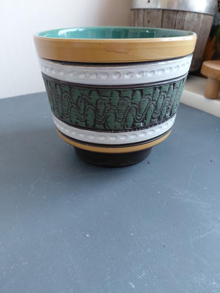 Vintage bloempot groen geel wit, Verzamelen, Retro, Ophalen, Huis en Inrichting