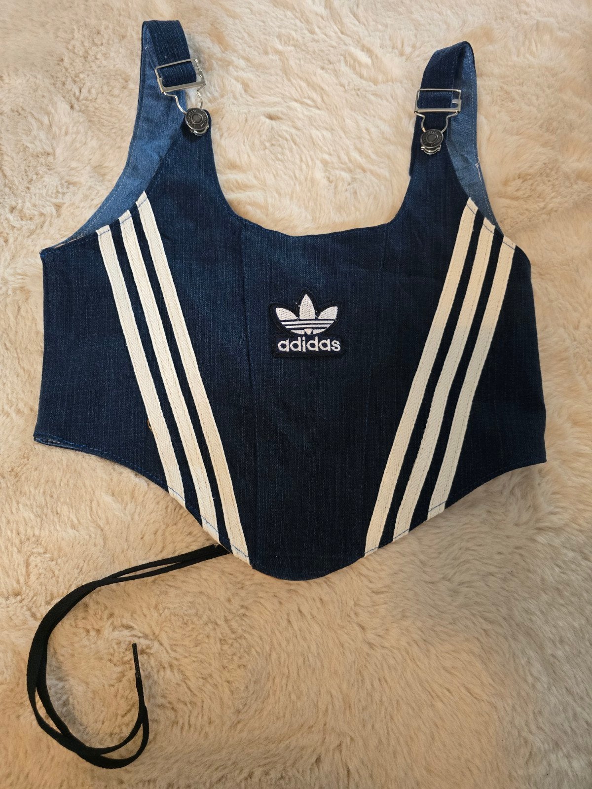 Vintage Customized Adidas Corset Crop Top Denim Donkerblauw, Verzenden, Nieuw, Blauw, Zonder mouw