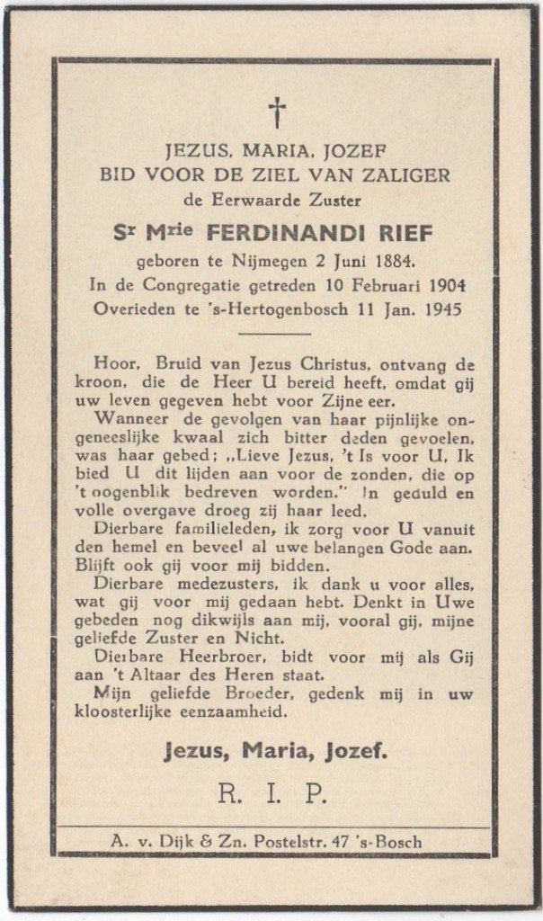 zr. Jeannette H. Rief 1884 Nijmegen + 1945 Den Bosch, 60 jr, Verzamelen, Bidprentjes en Rouwkaarten, Verzenden