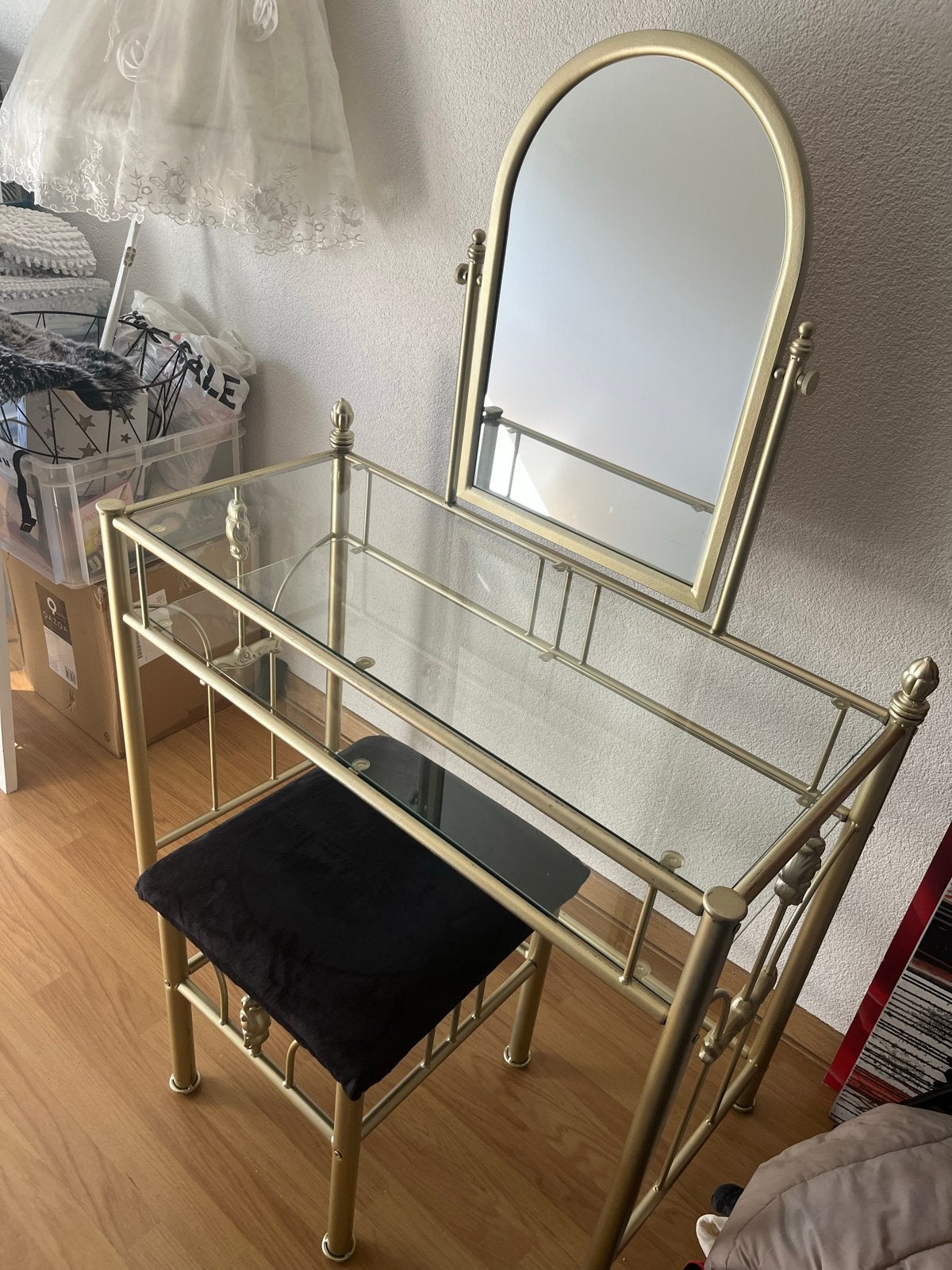 Gouden kaptafel met spiegel en krukje, Ophalen, Metaal of Aluminium, 100 tot 150 cm, 50 tot 100 cm