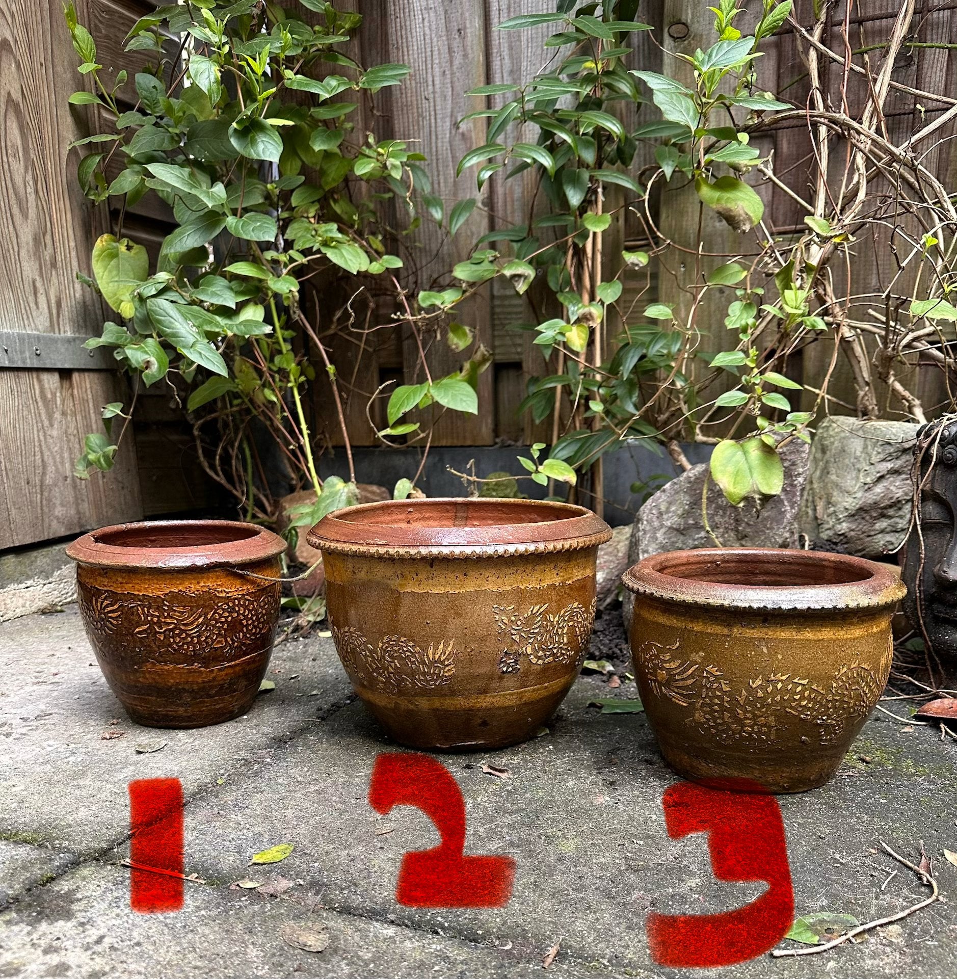 Set van 3 drakenpotten, Tuin en Terras, Bloempotten, Gebruikt, Aardewerk, Binnen, Balkon, Tuin, Minder dan 40 cm, 25 tot 40 cm