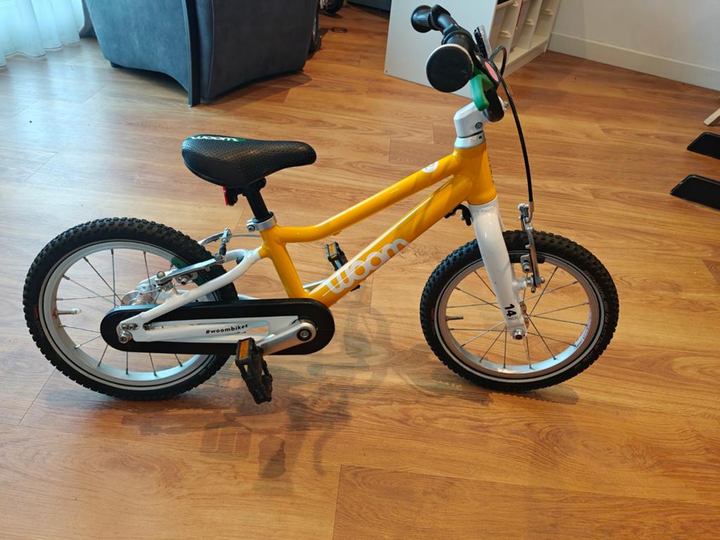 Woom 2 Kinderfiets - Geel, 14 inch, Fietsen en Brommers, Ophalen, Gebruikt, Velgrem, Minder dan 16 inch