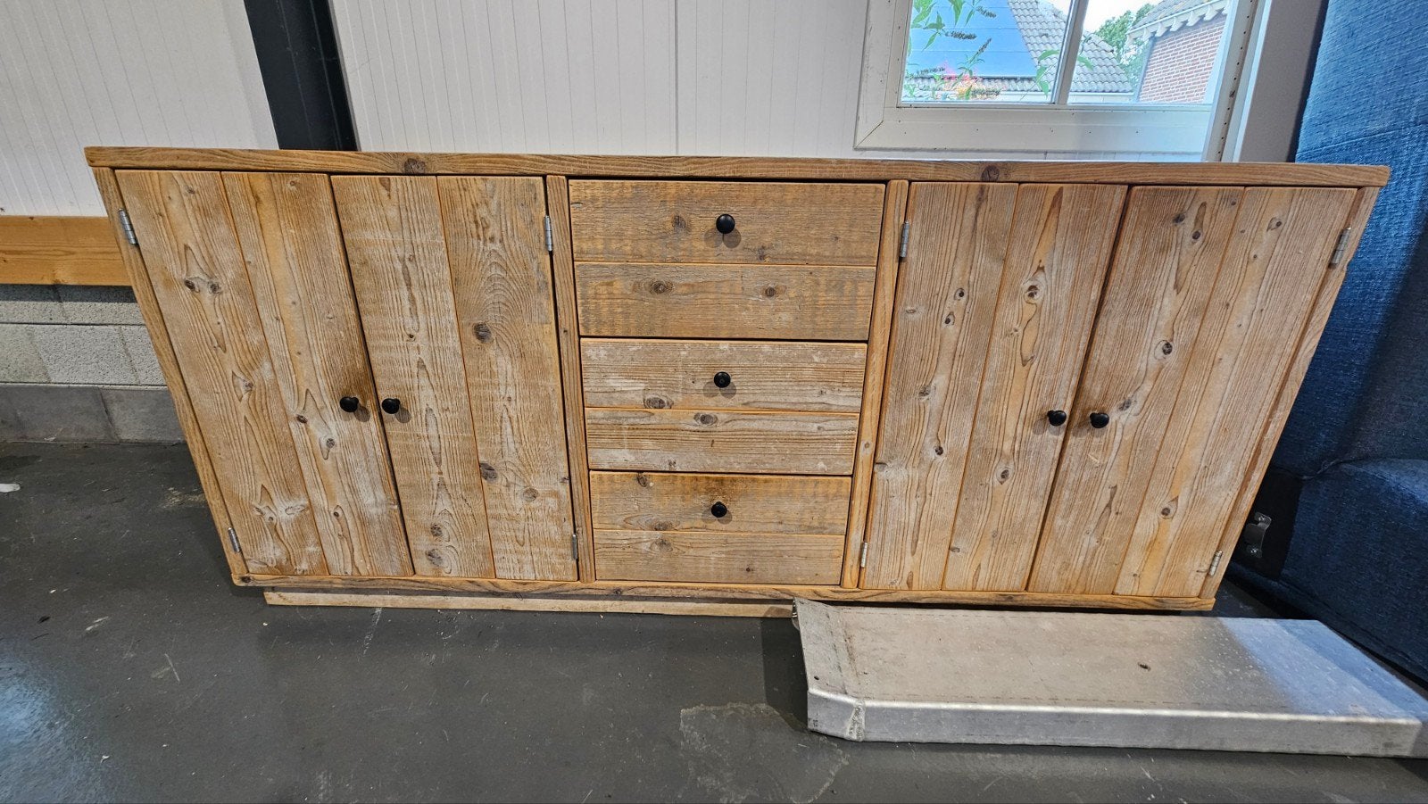 Steigerhouten dressoir, tv-kast en salontafel set, Ophalen, Landelijk, Industrieel, Robuust, Gebruikt, 150 tot 200 cm