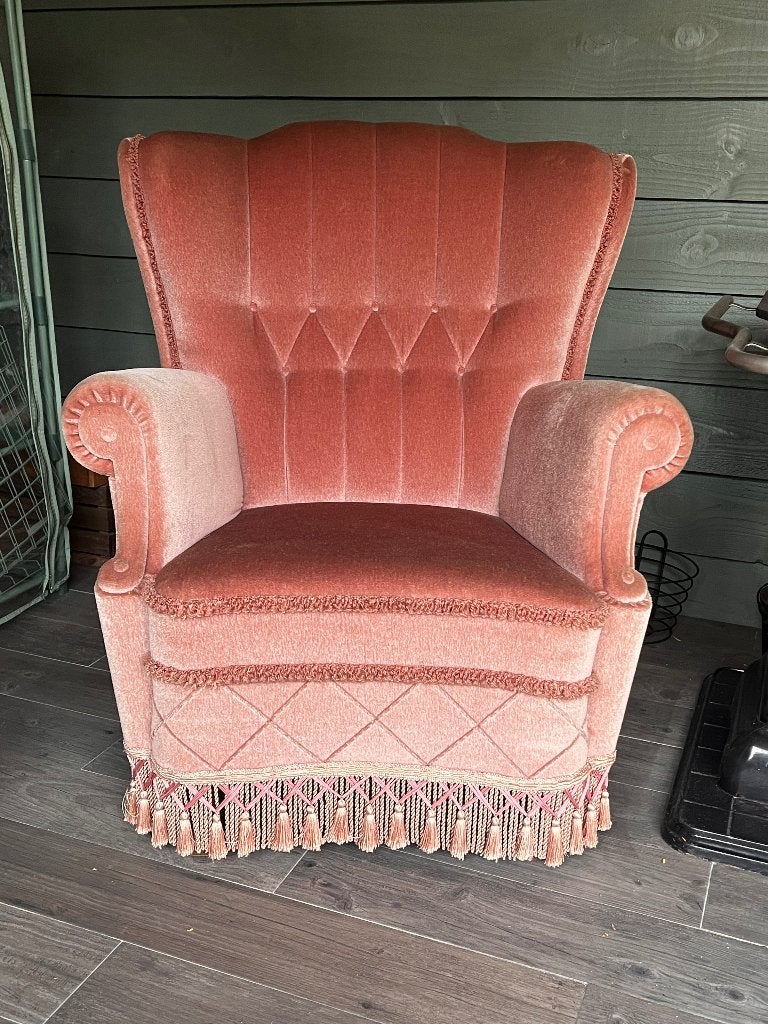 Vintage fauteuil set - roze/zalmkleurig met franjes, Huis en Inrichting, Banken | Bankstellen, Ophalen, Gebruikt, Vintage, Tweepersoons