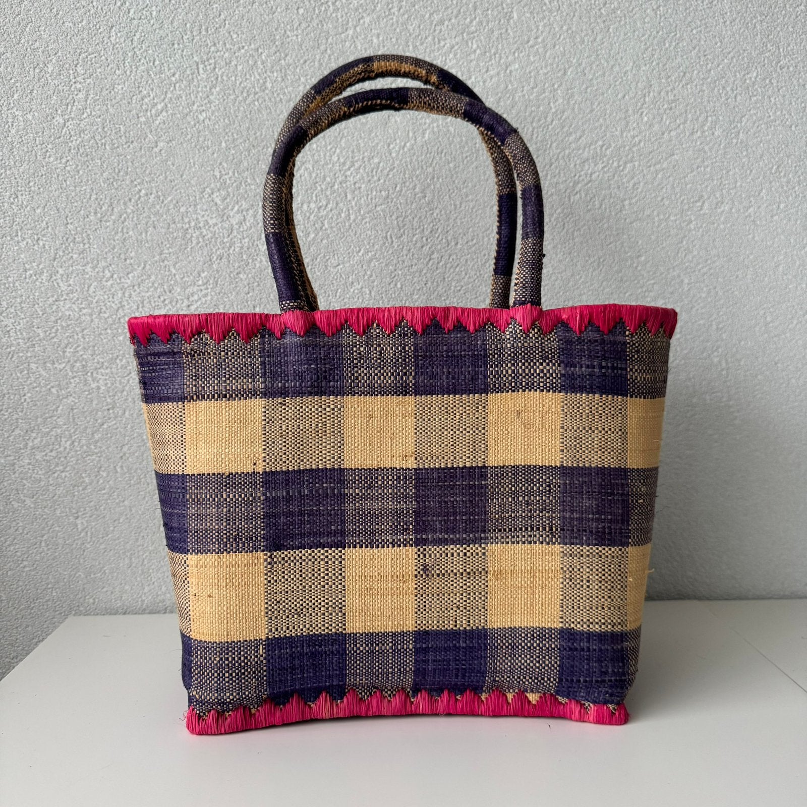 Raffia tas donkerblauw geruit, Verzenden, Nieuw, Blauw, Overige typen