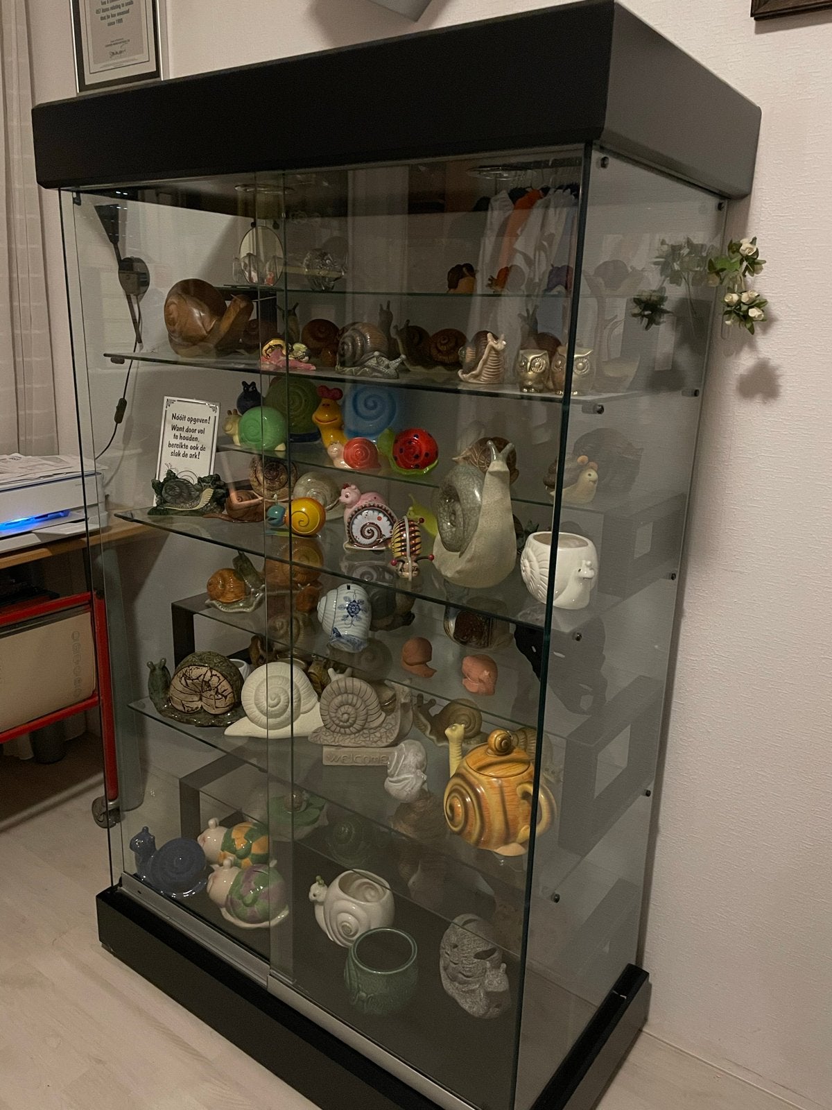 Glazen vitrinekast met 7 legplanken en 2 schuifdeuren, Ophalen, Gebruikt, 50 tot 100 cm, Glas