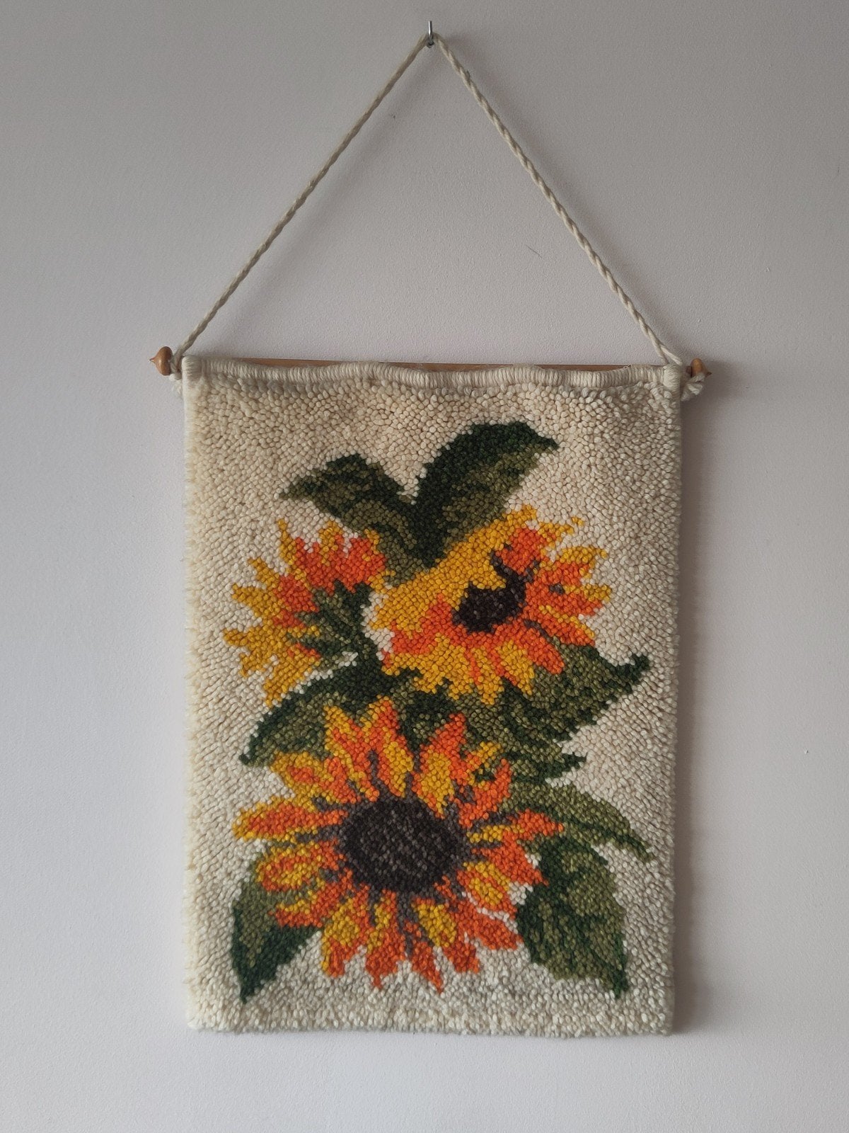 Vintage Smyrna kleed wol zonnebloem wandkleed bloemen, Gebruikt, 68 cm, ., Geel