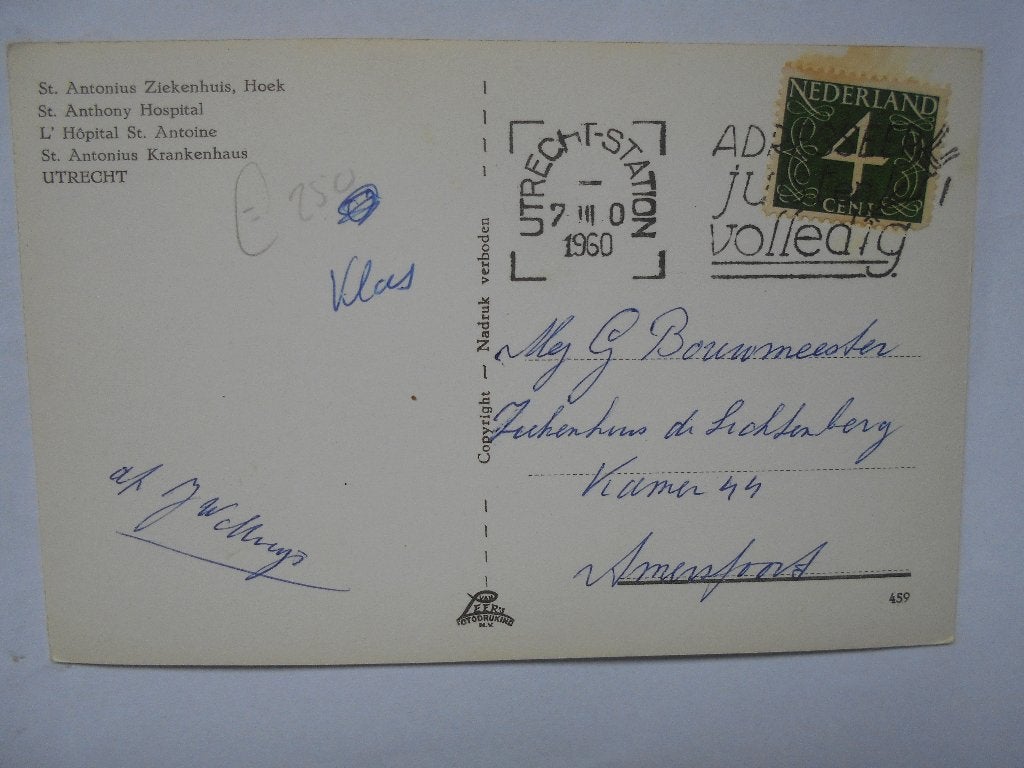 Utrecht St. Antonius Ziekenhuis de hoek Utrecht 1960, Ophalen of Verzenden, 1940 tot 1960, Gelopen, Utrecht