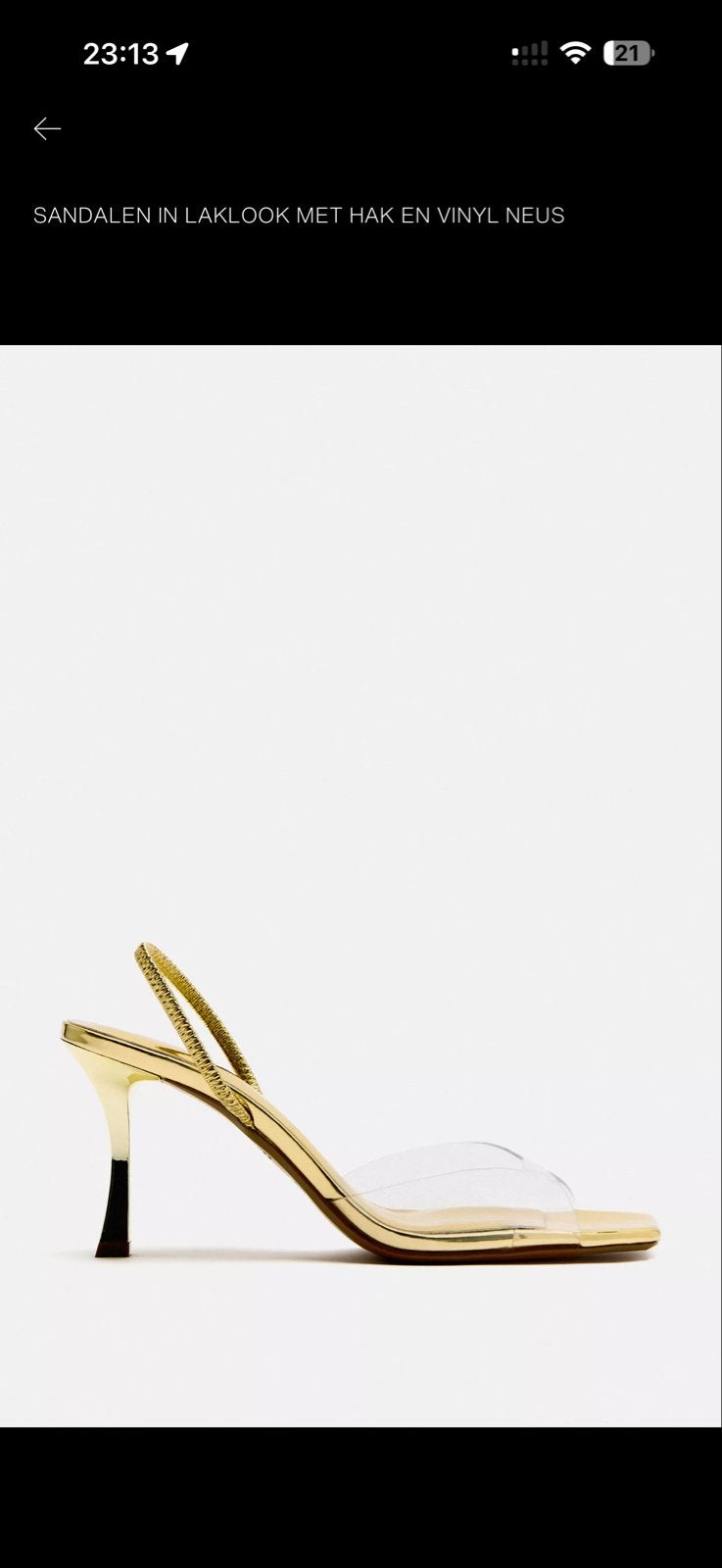 Gouden Zara sandalen met hak en vinyl neus, nog nieuw, Kleding | Dames, Ophalen of Verzenden, Nieuw, Overige kleuren, Sandalen of Muiltjes